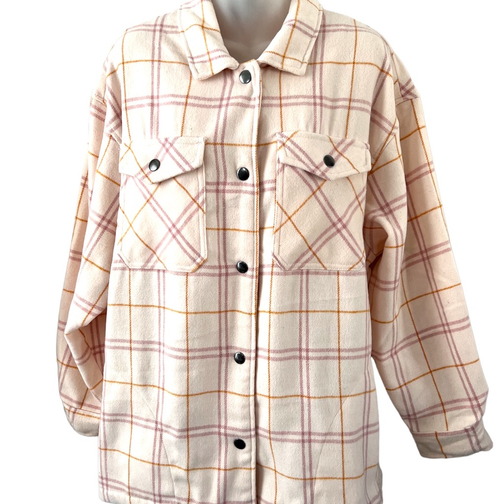 HFX Women's XL Plaid Flannel Shacket Shirt Jacket 4 PKTS Snaps Pink Plaid NWT